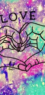 Colorful galaxy-themed wallpaper with love text and hand heart symbol.