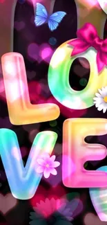 Colorful neon love theme wallpaper with hearts and flowers on a black background.