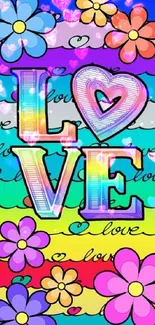 Vibrant rainbow wallpaper with 'LOVE' and flowers.