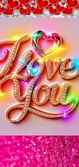 Colorful I Love You text with hearts and glitter.