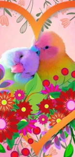 Vibrant mobile wallpaper with lovebirds and flowers in a heart-shaped frame.