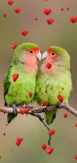 Two colorful lovebirds perched on a branch against a blurred background.