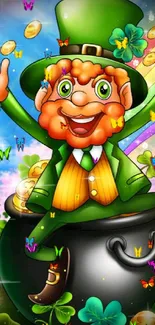 Cheerful leprechaun in green with rainbow and shamrocks.