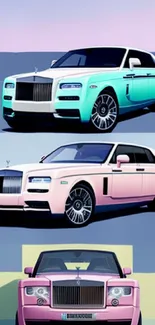 Three pastel-colored luxury cars on a gradient background.