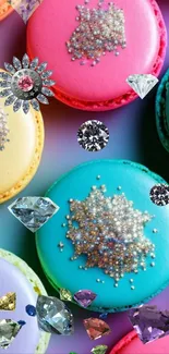 Colorful macarons with sparkling gem overlay.