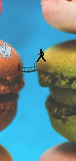 Tiny figure crosses a bridge between colorful macarons on a sky blue background.