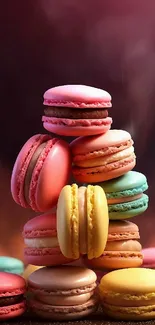 Colorful stacked macarons against blurred background