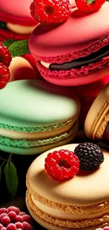 Colorful macarons with berries in vibrant hues