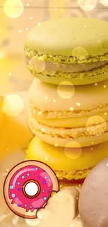 Colorful macarons with donut illustration on mobile wallpaper.