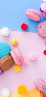 Colorful macarons with pastel background cones.