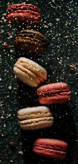 Colorful macarons on a dark sparkling background.