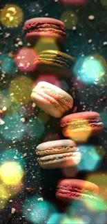 Colorful macarons on dark, textured background.