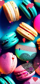 Colorful macarons with hearts wallpaper.