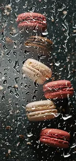 Colorful macarons arranged on a dark background.