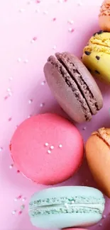 Colorful macarons on a pastel pink background.