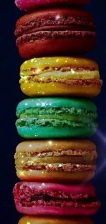 Colorful stacked macarons with sparkling details.