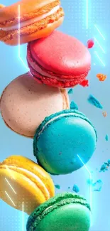 Colorful macarons with neon lines on a blue background.