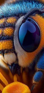 Vivid macro image of a bee on a flower with bright yellow and blue hues.