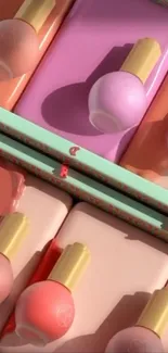 Colorful makeup display with various shades and packaging.