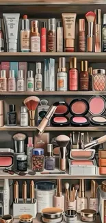 Organized makeup products on display shelves.