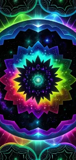 Vibrant mandala galaxy wallpaper with psychedelic colors.