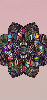 Colorful mandala design on a pink gradient background.