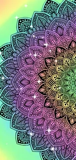 Colorful mandala design with intricate patterns on a rainbow background.