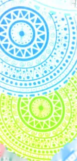 Colorful mandala pattern wallpaper in light blue, green, and pink hues.