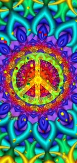 Colorful mandala wallpaper with peace symbol in the center.