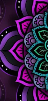 Vibrant mandala design with purple and teal accents on mobile wallpaper.