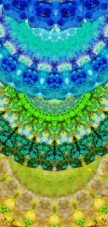 Colorful mandala phone wallpaper with blue, green, and orange patterns.