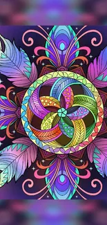 Vibrant mandala design with colorful intricate patterns and purple background.