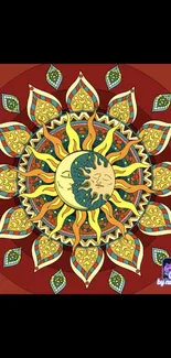 Vibrant mandala sun design in red and yellow hues on mobile wallpaper.