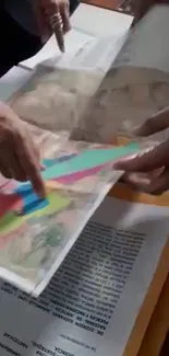 Hands pointing at a colorful map on a table.