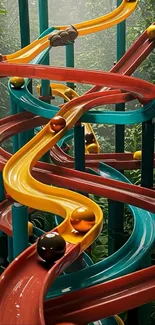 Colorful marbles on a curved track surrounded by lush greenery.