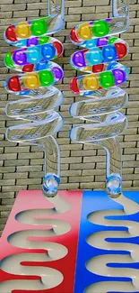 Colorful marble run art on textured wall.