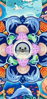 Colorful marine mandala with seal and dolphins on a mobile wallpaper.