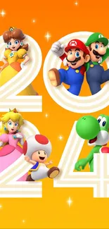 2024 wallpaper featuring Mario, Luigi, Peach, Toad, and Yoshi on an orange background.