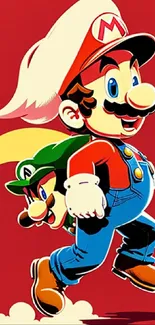 Vibrant illustration of Mario and Luigi jumping.