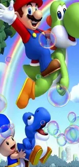 Mario and Yoshi with rainbow in vibrant wallpaper.