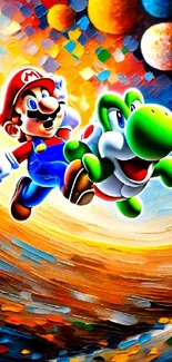 Mario and Yoshi in a colorful, dynamic art style wallpaper.