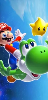 Mario and Yoshi flying in space with a star.