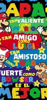 Mario characters with motivational text on a vibrant, colorful background.