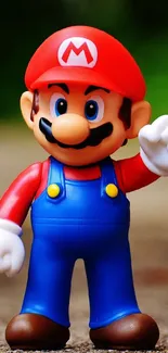 Vibrant Mario character standing outdoors on colorful wallpaper.