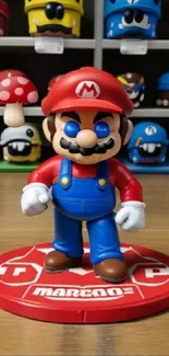 Mario figure with colorful helmets on display shelf.