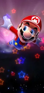 Mario flying through a colorful galaxy with glowing stars.