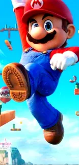 Mario is jumping with a bright, colorful gaming background.