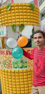 Vibrant corn stand with balloons at indoor market.