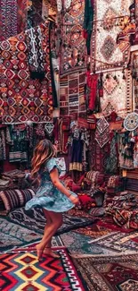 Vibrant tapestry market with intricate patterns displayed on walls.