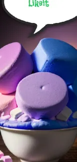 Colorful marshmallows in bowl with fiery background.